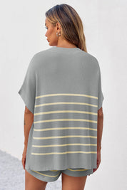Fisoew Women's Light Grey Striped Oversized Lounge Short Sets - Fisoew