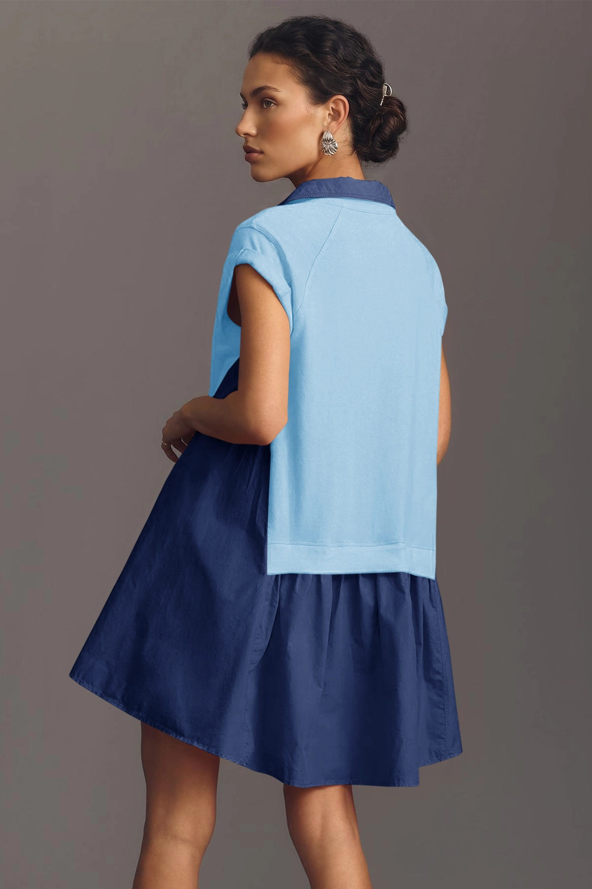 Fisoew Women's Light Blue Oversized Patchwork Mini Dress
