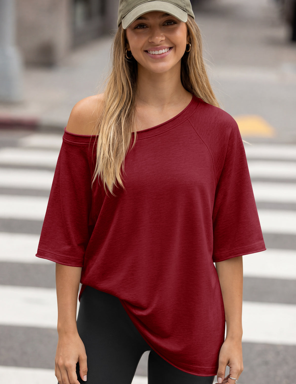 Fisoew Women's Burgundy Off The Shoulder Tops Oversized  T-Shirts - Fisoew