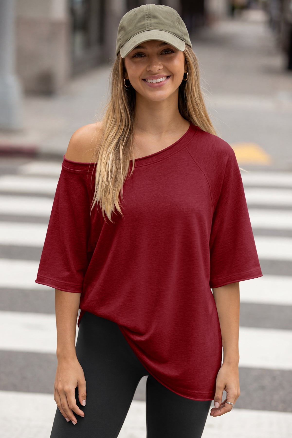 Fisoew Women's Burgundy Off The Shoulder Tops Oversized  T-Shirts - Fisoew