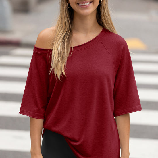 Fisoew Women's Burgundy Off The Shoulder Tops Oversized  T-Shirts - Fisoew