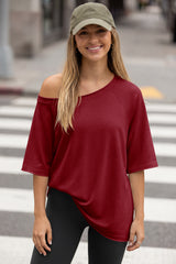 Fisoew Women's Burgundy Off The Shoulder Tops Oversized  T-Shirts