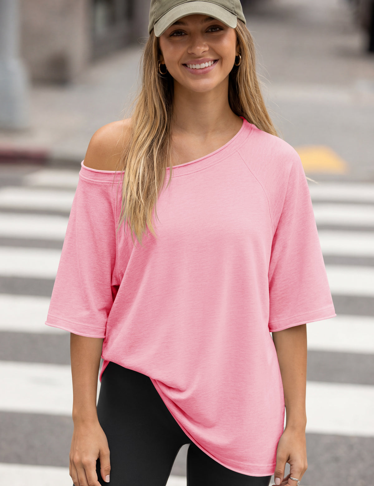Fisoew Women's Pink Off The Shoulder Tops Oversized  T-Shirts - Fisoew