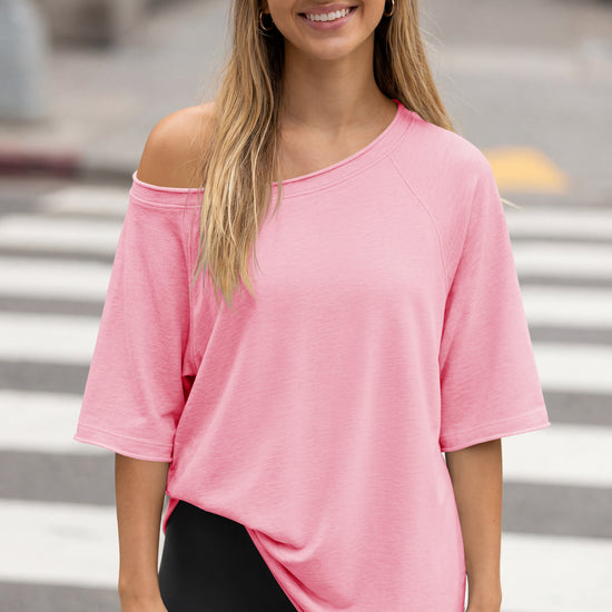 Fisoew Women's Pink Off The Shoulder Tops Oversized  T-Shirts - Fisoew