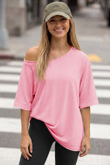 Fisoew Women's Pink Off The Shoulder Tops Oversized  T-Shirts