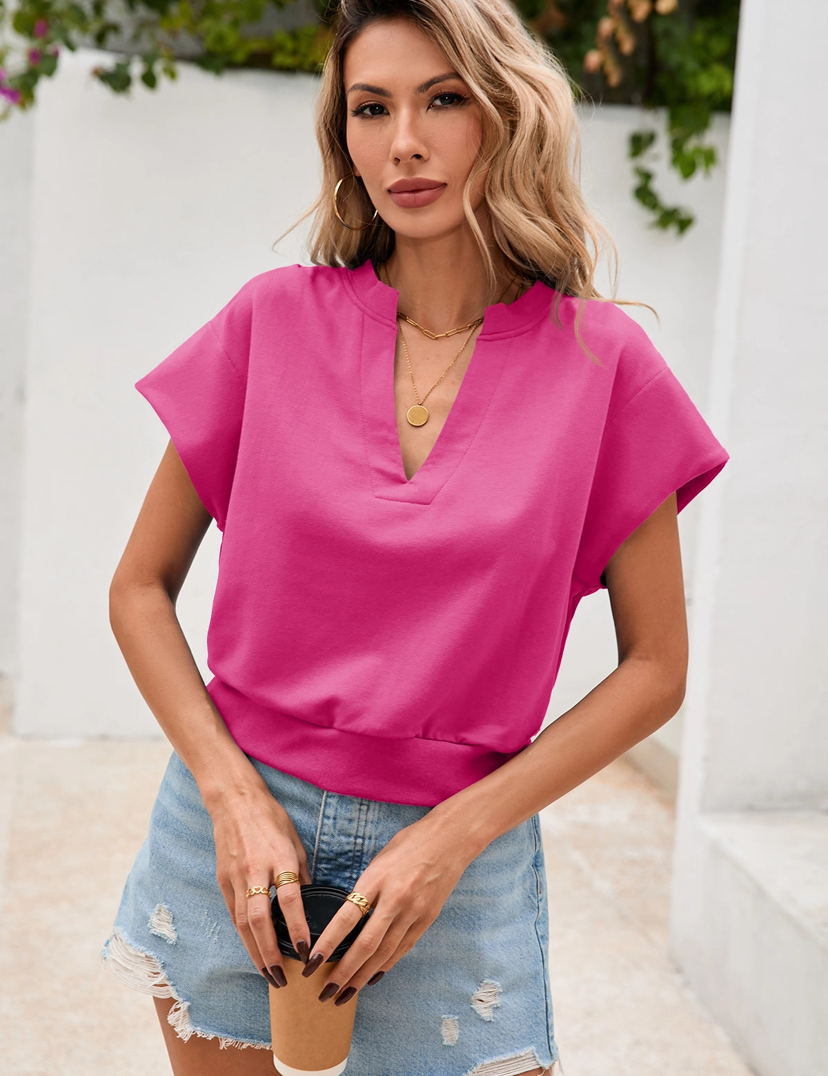 Fisoew Women's Rose Red V Neck Cap Sleeve Casual Loose Fit T Shirts - Fisoew