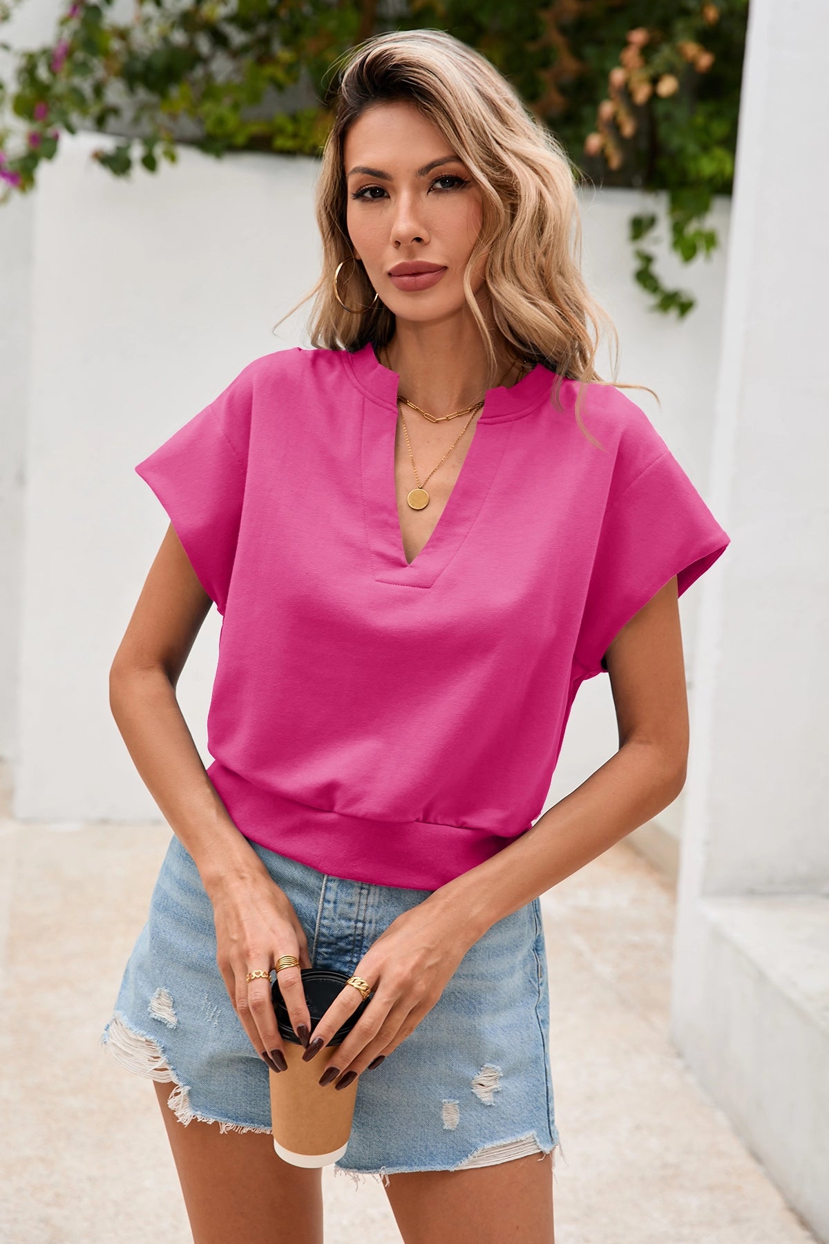 Fisoew Women's Rose Red V Neck Cap Sleeve Casual Loose Fit T Shirts - Fisoew