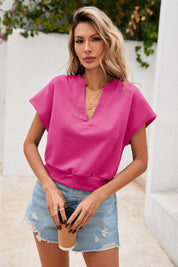 Fisoew Women's Rose Red V Neck Cap Sleeve Casual Loose Fit T Shirts - Fisoew