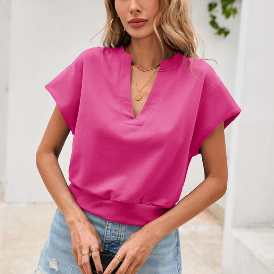Fisoew Women's Rose Red V Neck Cap Sleeve Casual Loose Fit T Shirts - Fisoew