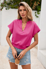 Fisoew Women's Rose Red V Neck Cap Sleeve Casual Loose Fit T Shirts