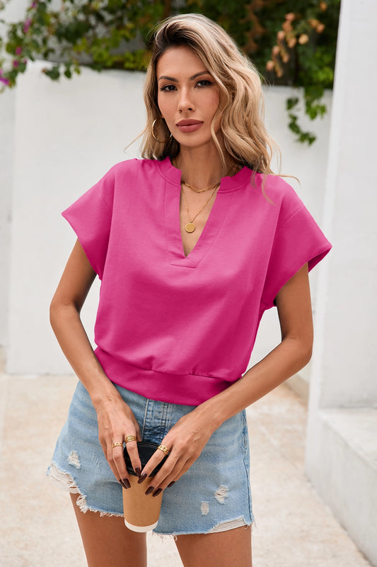 Fisoew Women's Rose Red V Neck Cap Sleeve Casual Loose Fit T Shirts - Fisoew