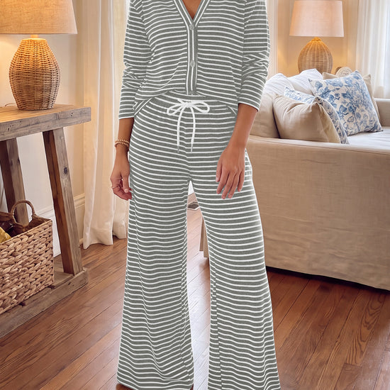 Striped Cardigan With Drawstring Pant Sets - Fisoew