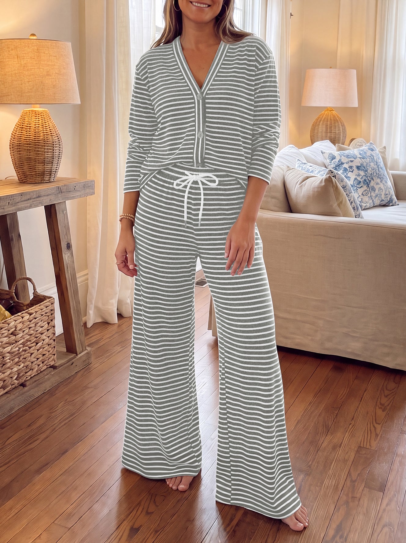Striped Cardigan With Drawstring Pant Sets - Fisoew