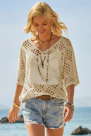 Womens Khaki Summer Short Sleeve Crochet Swimsuit Fisoew