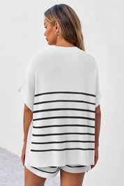 Fisoew Women's White Striped Oversized Lounge Short Sets - Fisoew