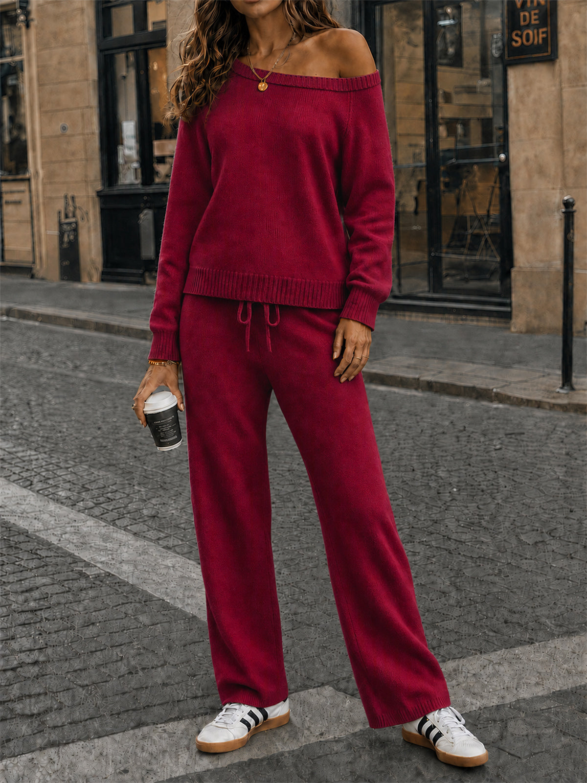Off-Shoulder Sweaters With Drawstring Pants Set - Fisoew