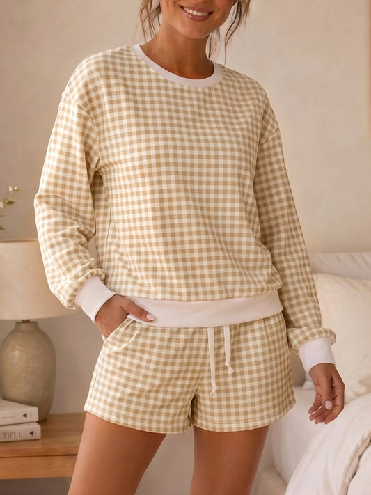 Plaid Sweatshirt With Drawstring Short Sets - Fisoew