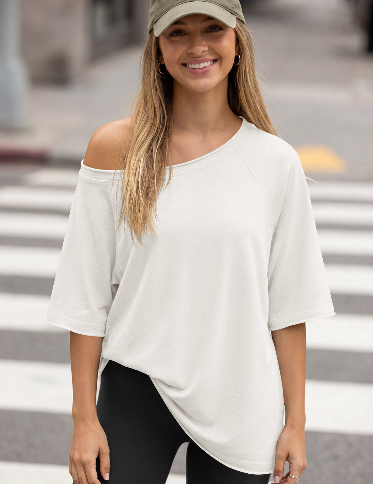 Fisoew Women's White Off The Shoulder Tops Oversized  T-Shirts - Fisoew