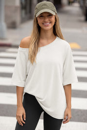 Fisoew Women's White Off The Shoulder Tops Oversized  T-Shirts - Fisoew