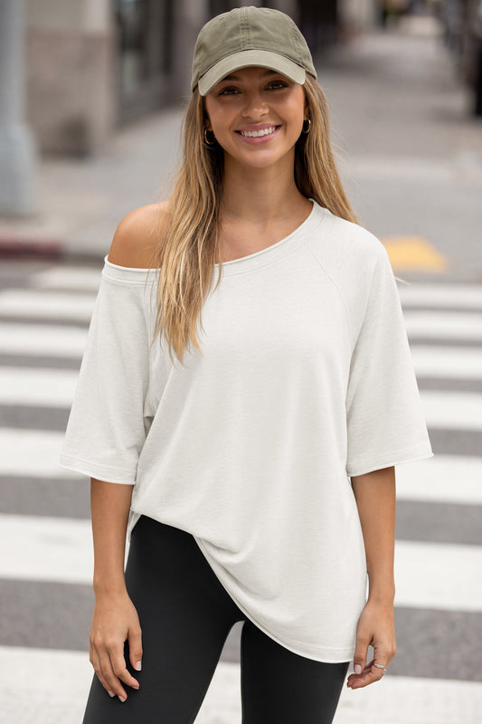 Fisoew Women's White Off The Shoulder Tops Oversized  T-Shirts - Fisoew