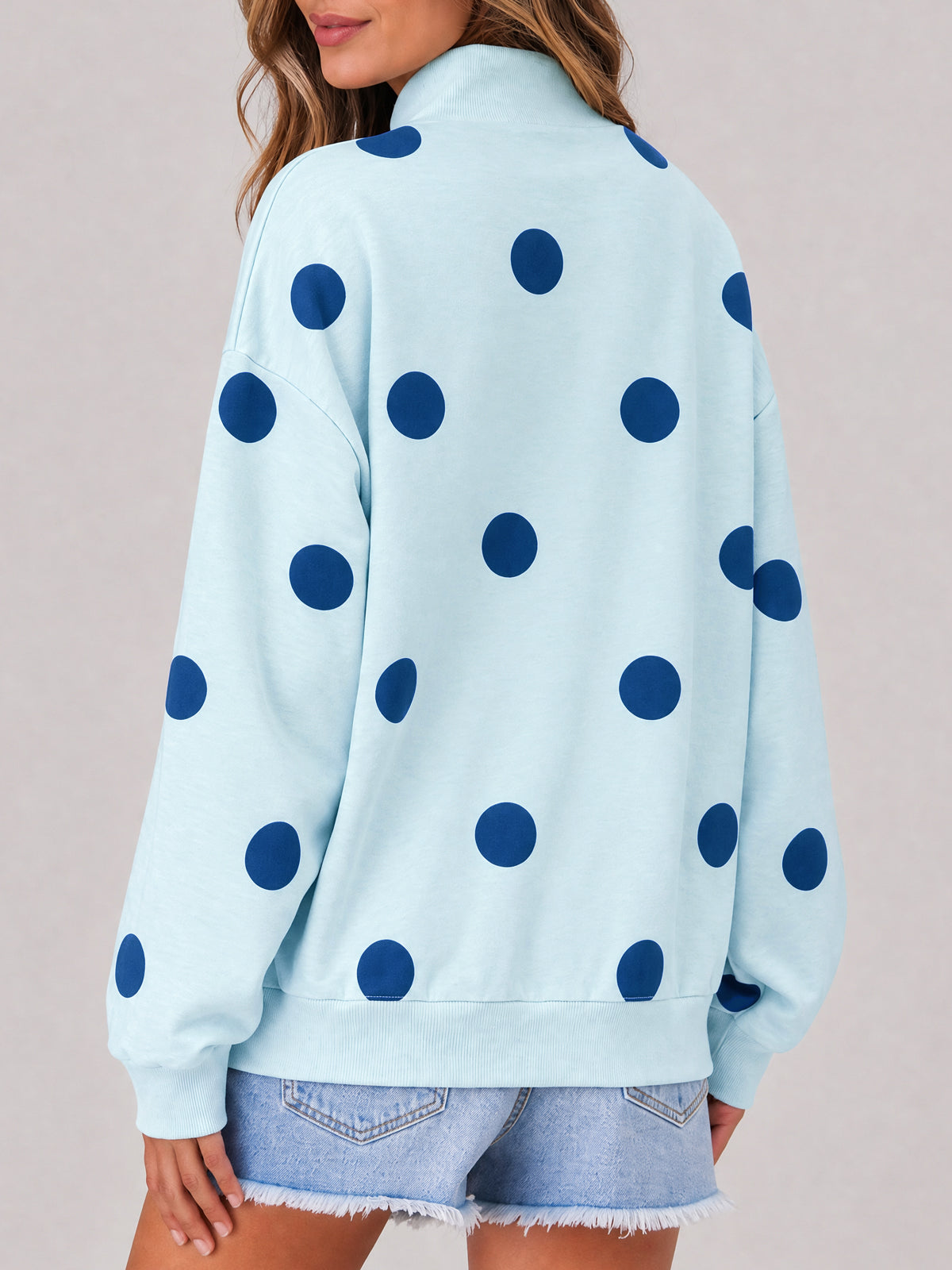 Mock Neck Long Sleeve Polka Dot Sweatshirts - Fisoew