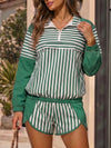 Striped Half-Zip Long Sleeve Tops With Short Sets