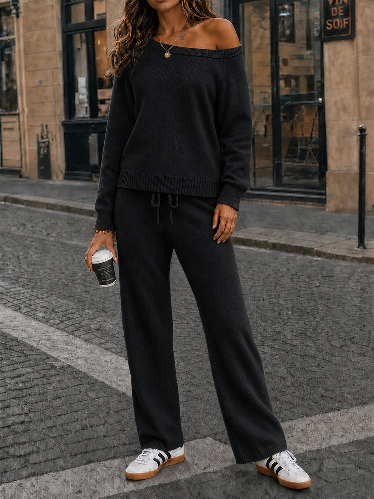 Off-Shoulder Sweaters With Drawstring Pants Set - Fisoew