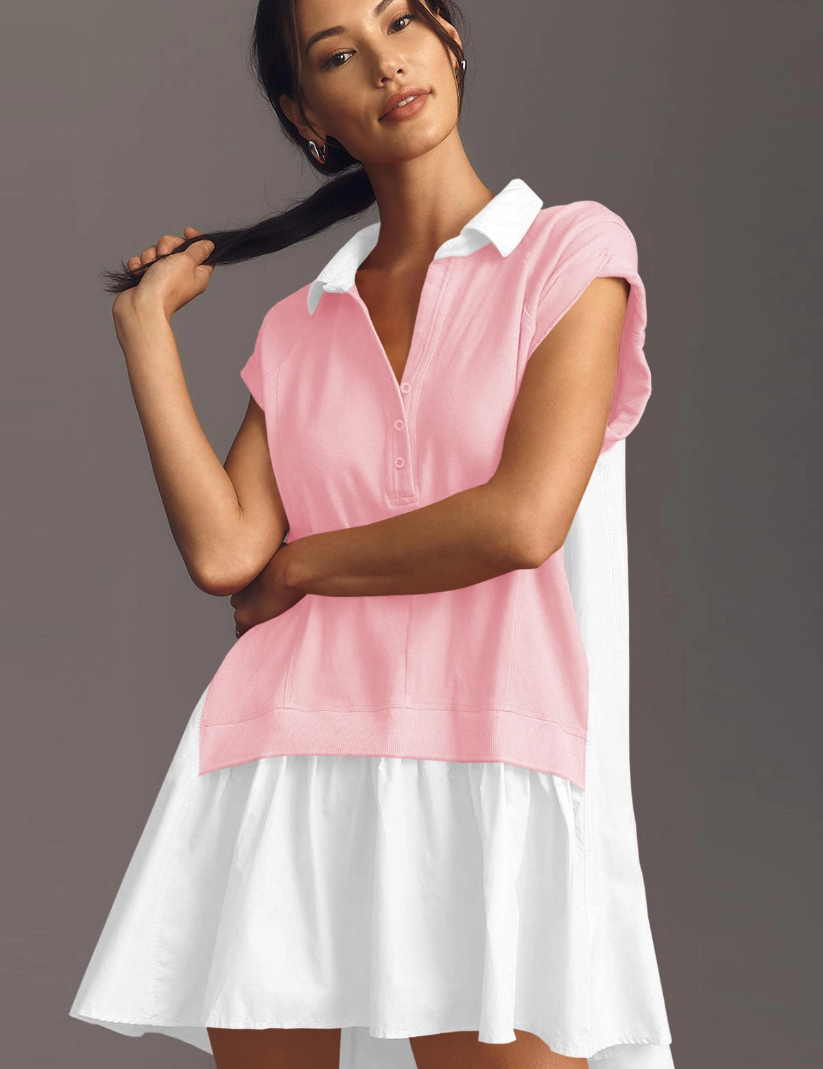 Fisoew Women's Light Pink Oversized Patchwork Mini Dress - Fisoew