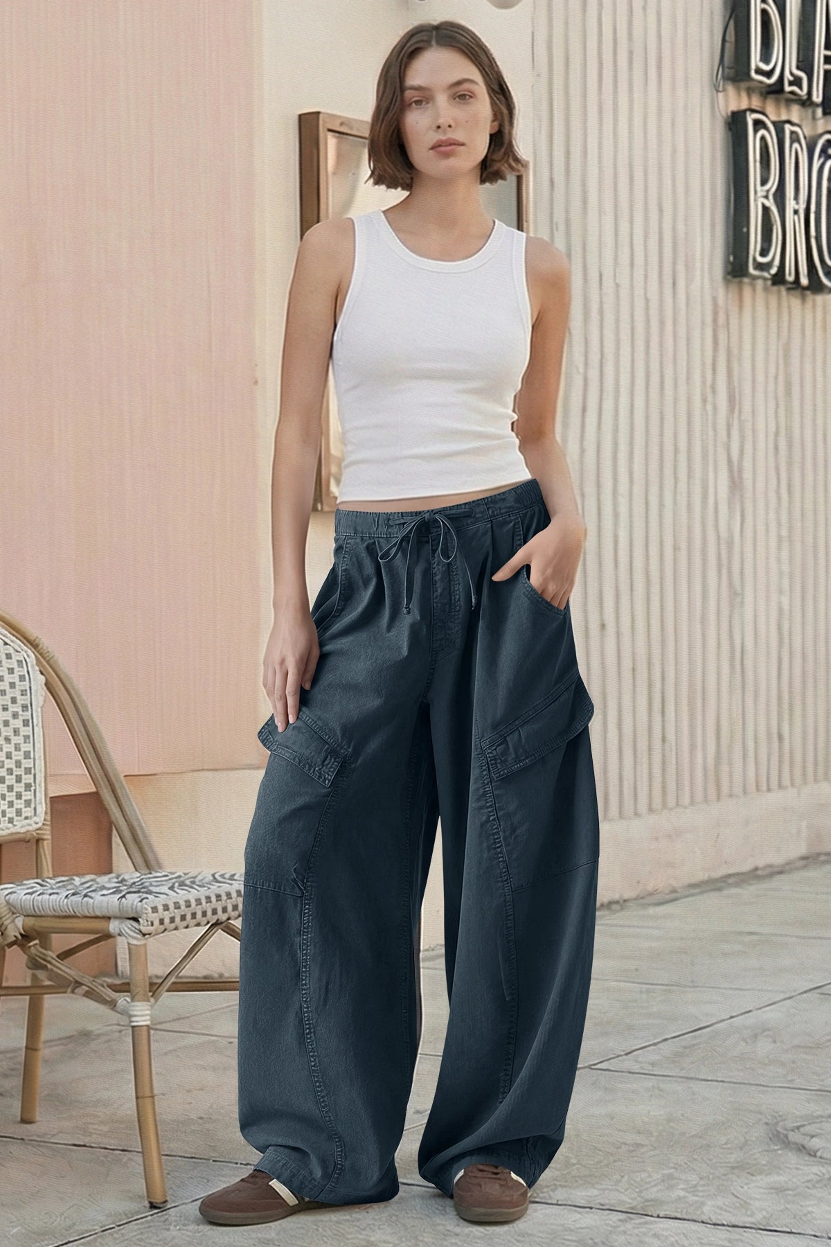 Fisoew Women's Grey Barrel Baggy Cargo Pants - Fisoew