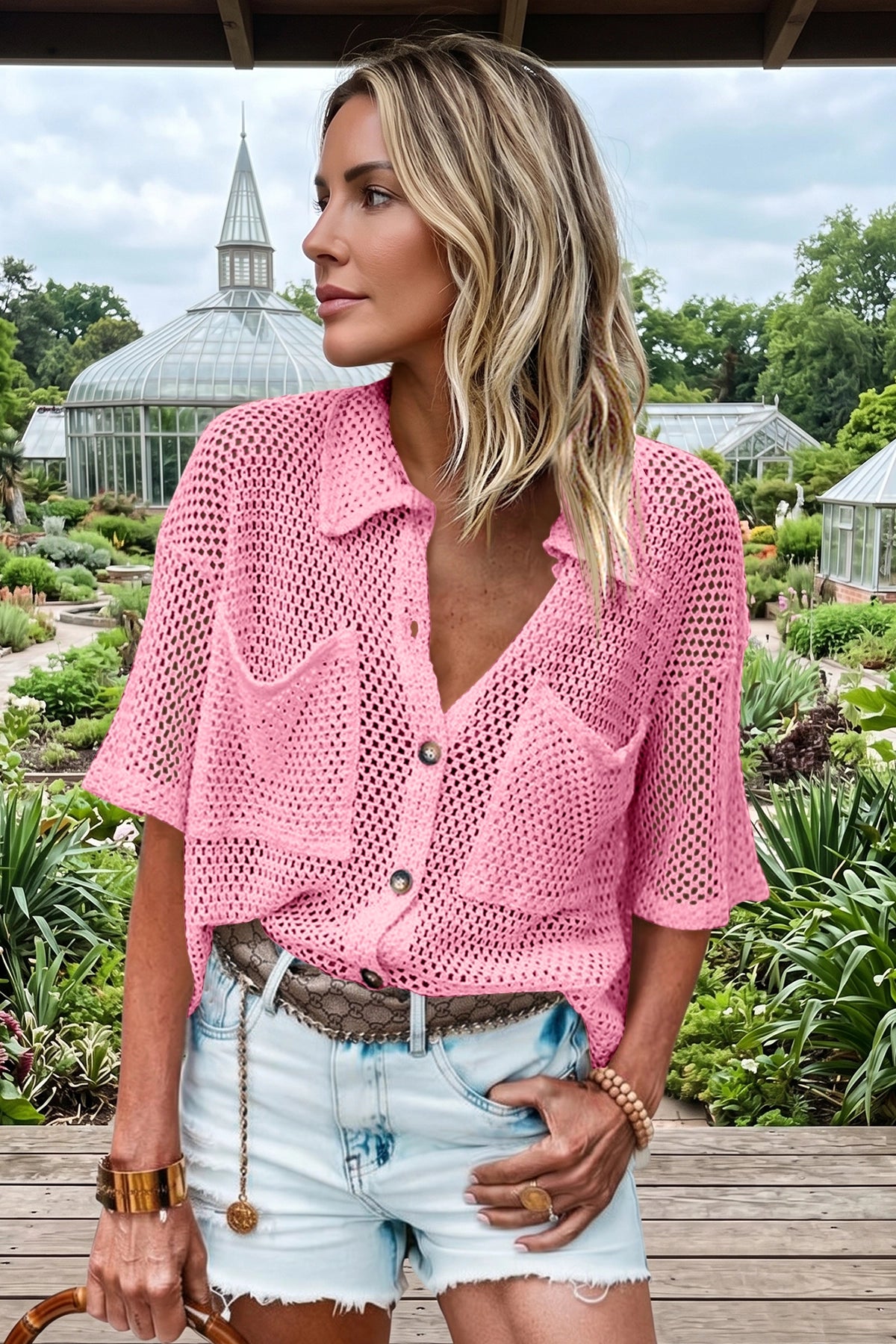 Fisoew Women's Pink Crochet Lightweight Cardigan Sweaters Cover Up Shirts