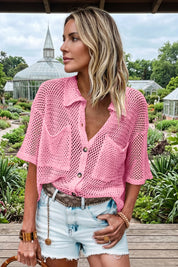 Fisoew Women's Pink Crochet Lightweight Cardigan Sweaters Cover Up Shirts