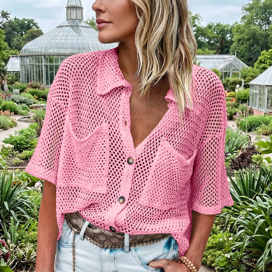 Fisoew Women's Pink Crochet Lightweight Cardigan Sweaters Cover Up Shirts - Fisoew