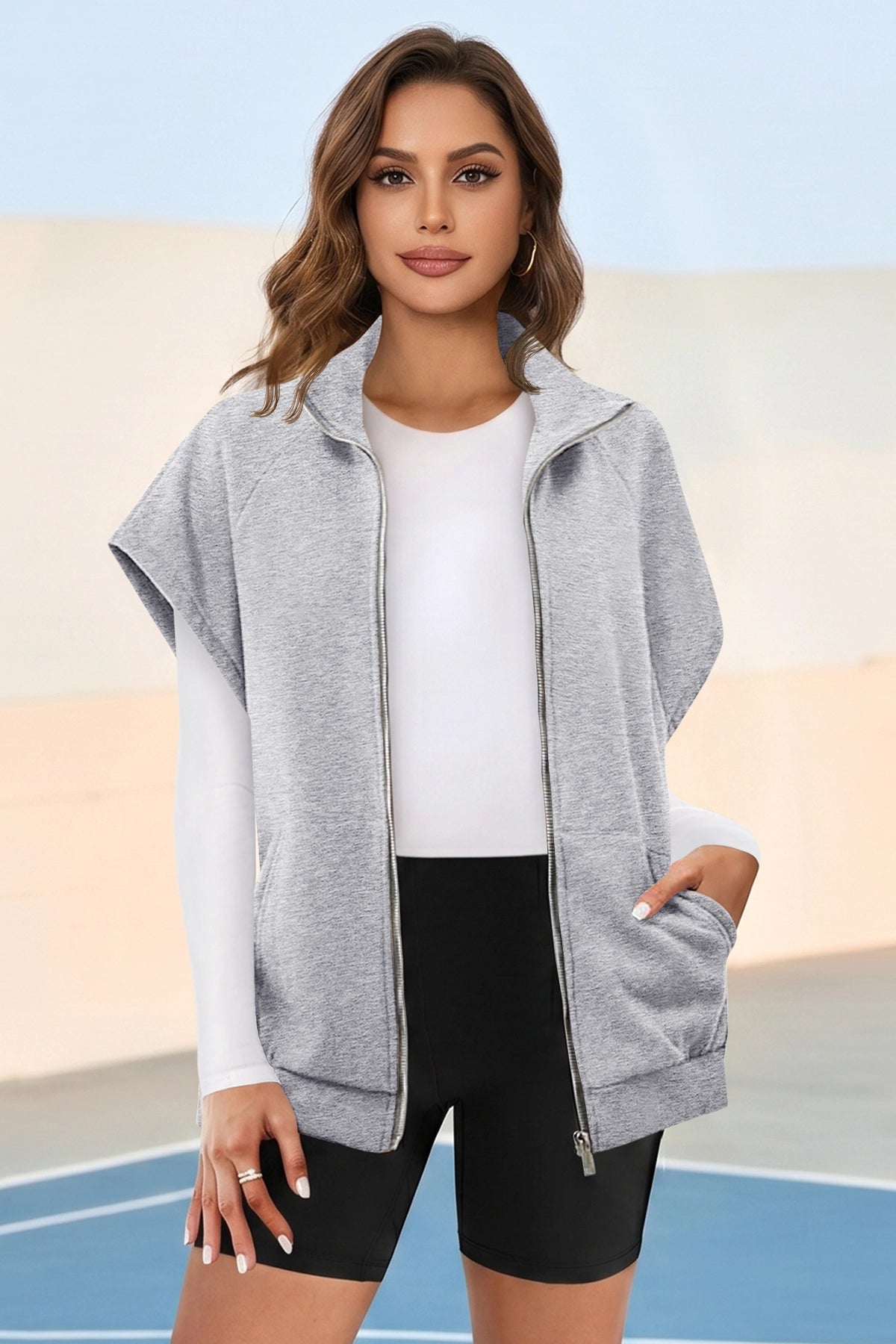 Fisoew Women's Grey Zip Up Sleeveless Sweatshirts - Fisoew