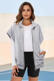 Fisoew Women's Grey Zip Up Sleeveless Sweatshirts - Fisoew