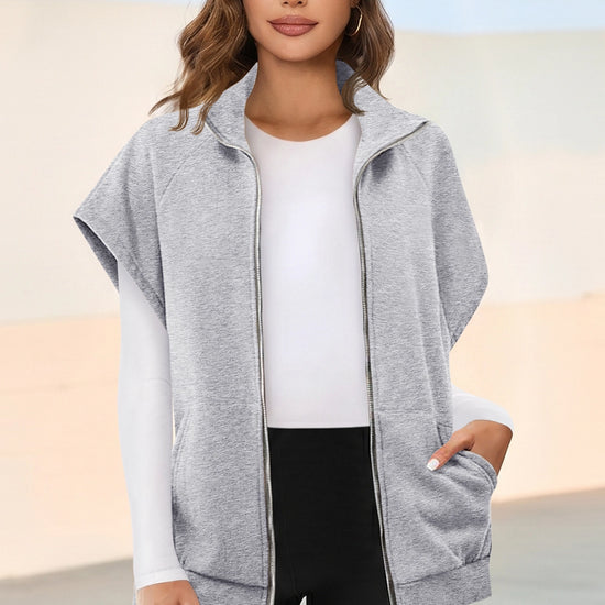 Fisoew Women's Grey Zip Up Sleeveless Sweatshirts - Fisoew