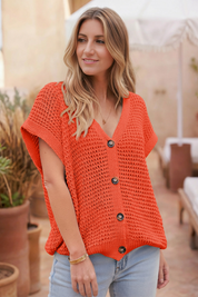Fisoew Women's Orange Short Sleeve Crochet Cardigans Sweater Cover Ups - Fisoew