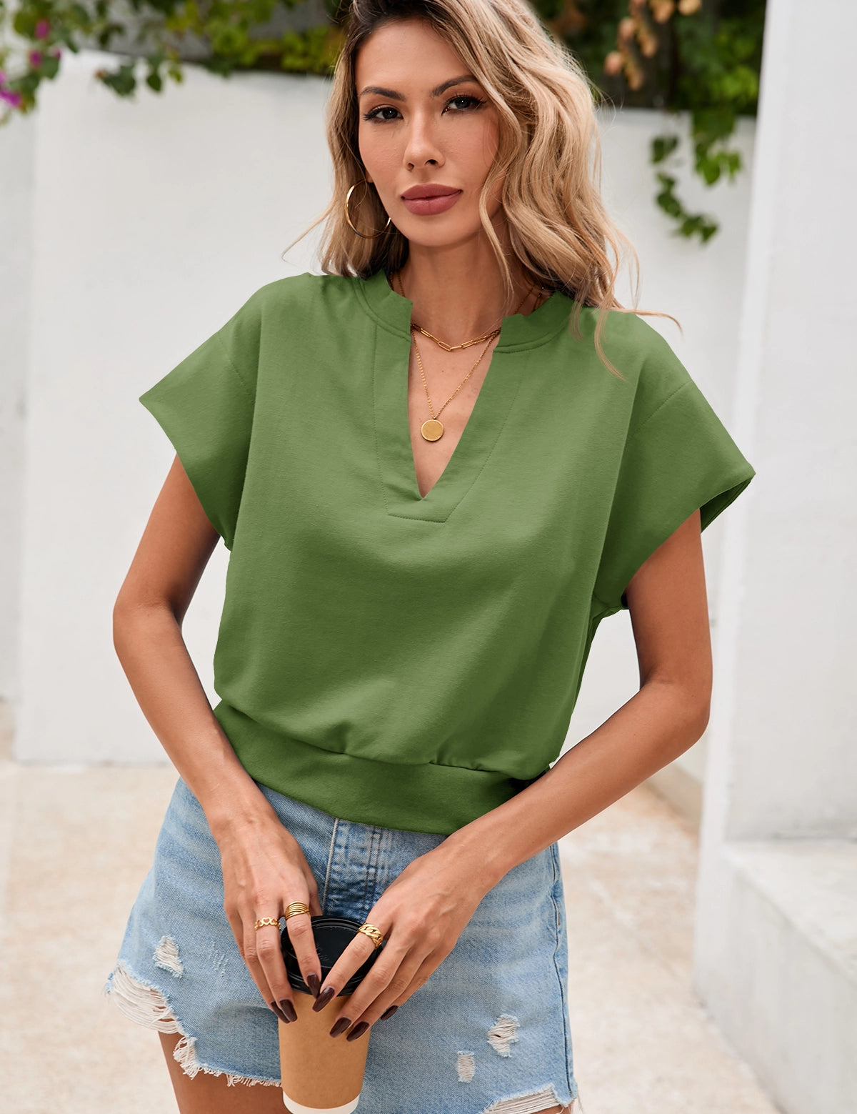 Fisoew Women's Army Green V Neck Cap Sleeve Casual Loose Fit T Shirts - Fisoew