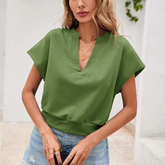 Fisoew Women's Army Green V Neck Cap Sleeve Casual Loose Fit T Shirts - Fisoew