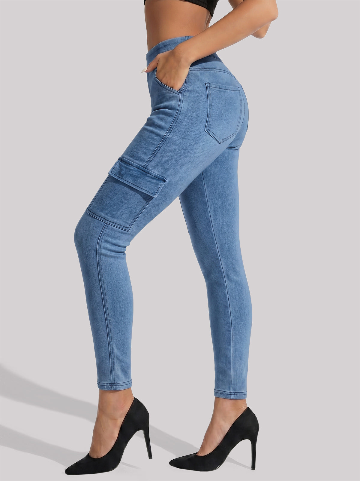High Waisted Skinny Cargo Jeans - Fisoew