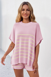 Fisoew Women's Pink Striped Oversized Lounge Short Sets - Fisoew