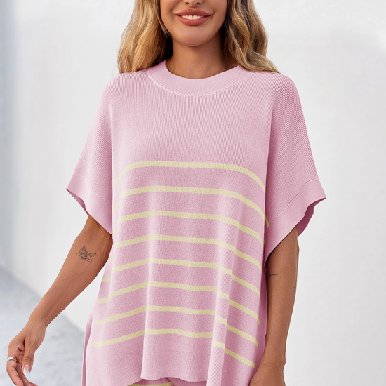 Fisoew Women's Pink Striped Oversized Lounge Short Sets - Fisoew