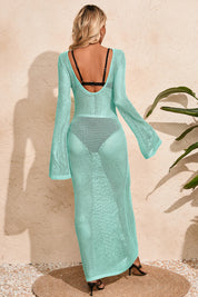 Fisoew Women's Mint Crochet  Long Sleeve Sexy Swimsuit Maxi Dress - Fisoew