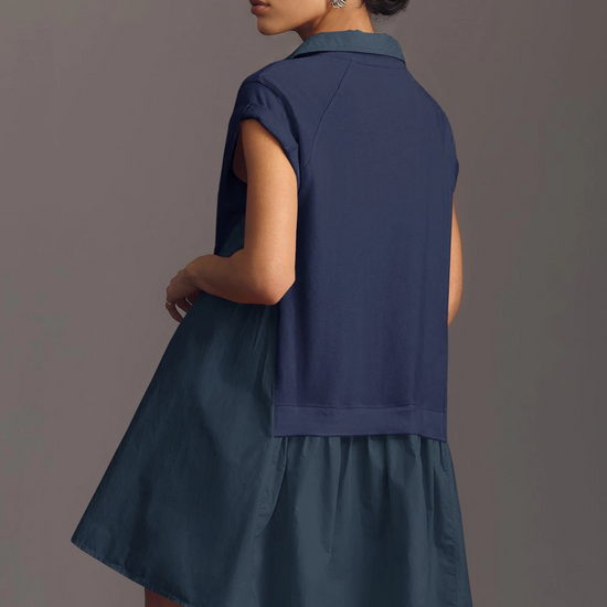 Fisoew Women's Dark Blue Oversized Patchwork Mini Dress - Fisoew