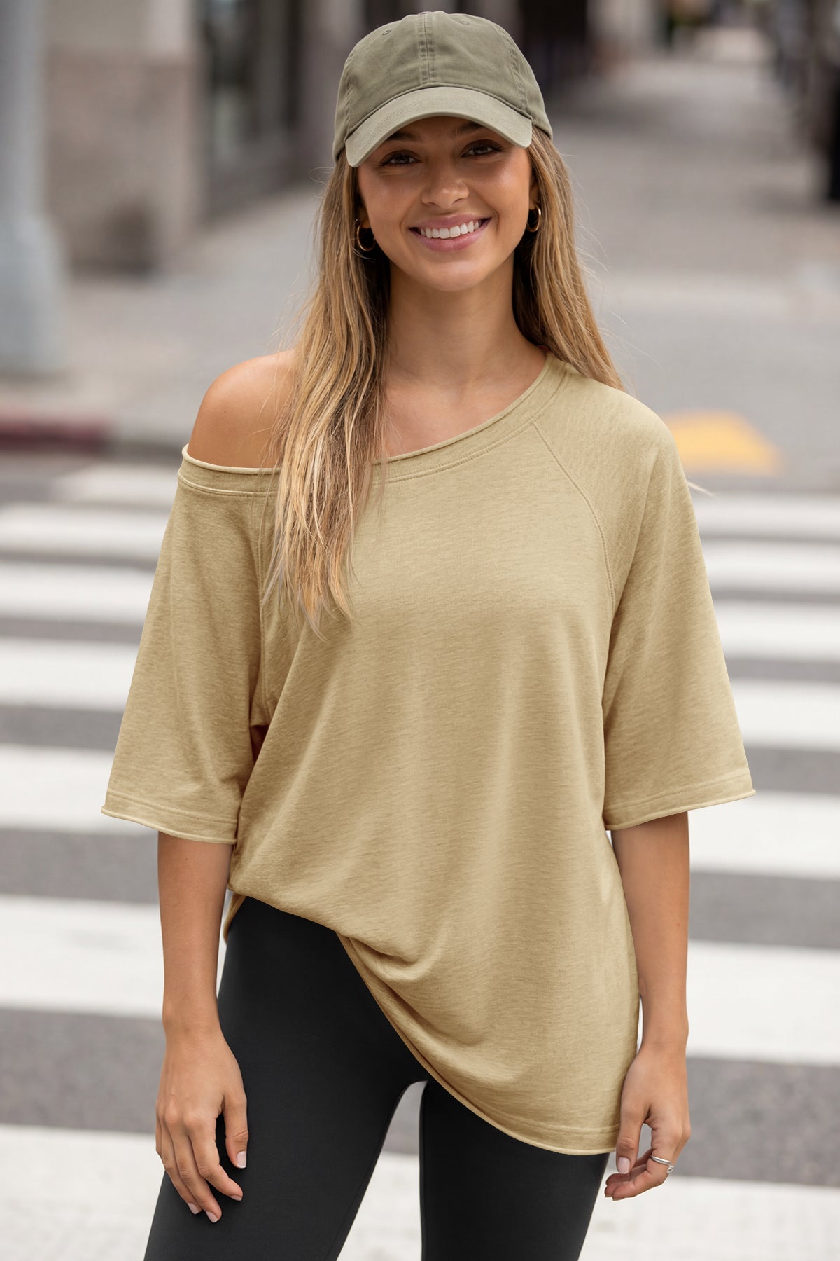 Fisoew Women's Khaki Off The Shoulder Tops Oversized  T-Shirts - Fisoew
