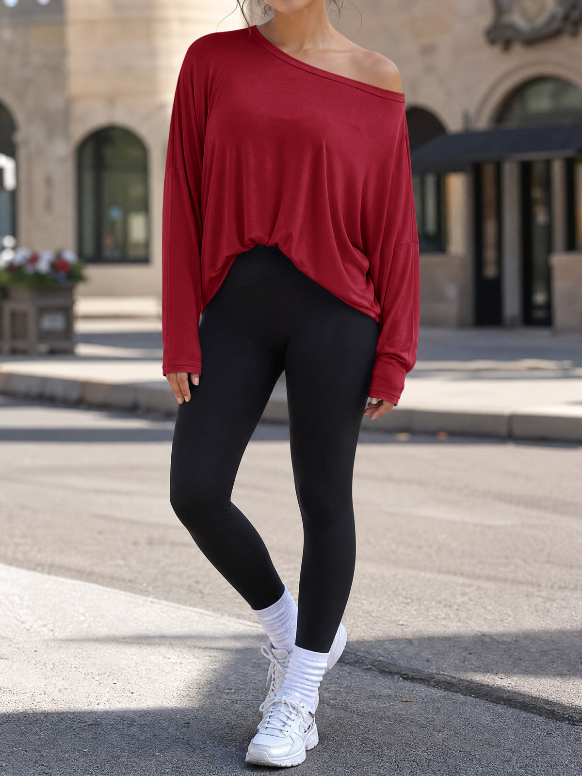 Off Shoulder Solid Long Sleeve T-Shirts - Fisoew