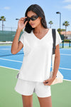 Fisoew Women's White V Neck 2 Piece Casual Outfits - Fisoew