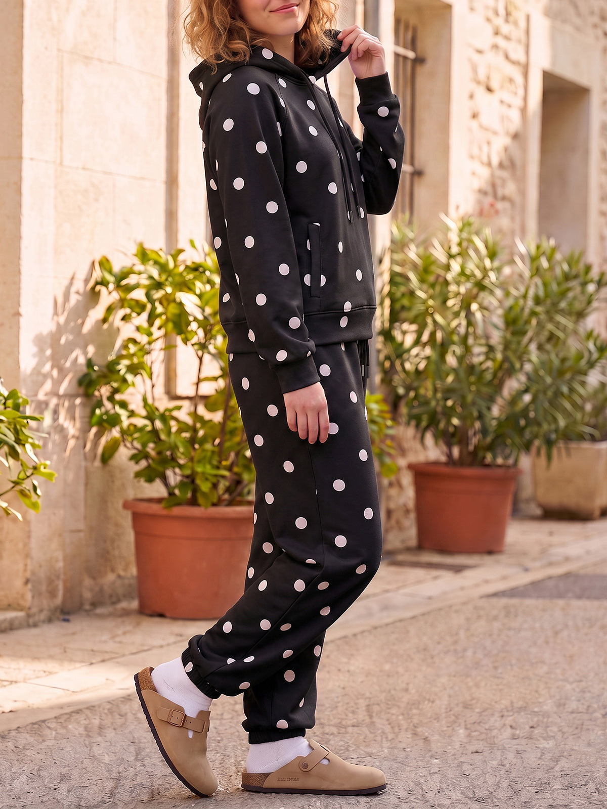 Polka Dot Long Sleeve Hooded With Jogger Pants Sets - Fisoew