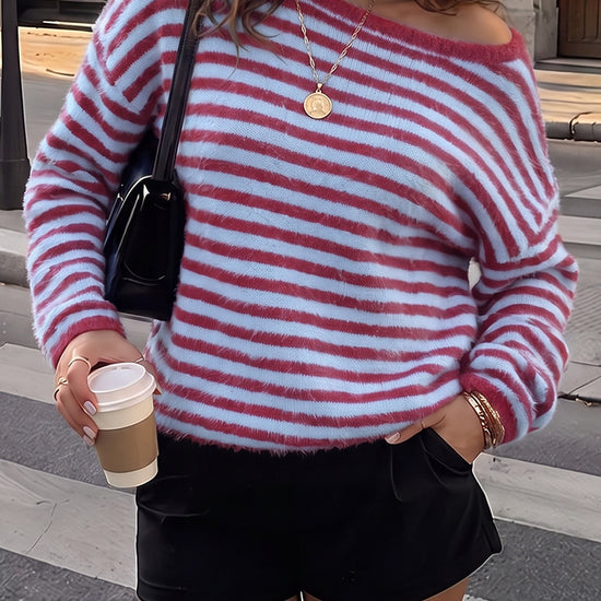 Off Shoulder Striped Knit Pullover - Fisoew