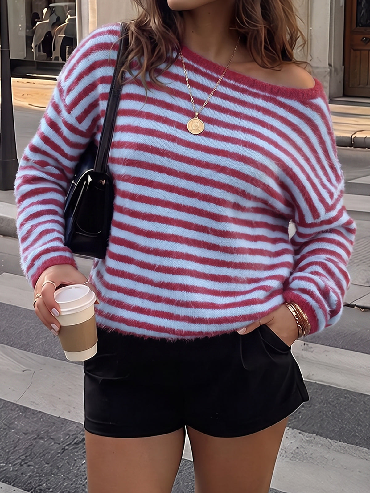 Off Shoulder Striped Knit Pullover - Fisoew