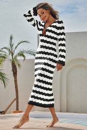 Fisoew Women's White Striped Sexy Crochet Maxi Dress